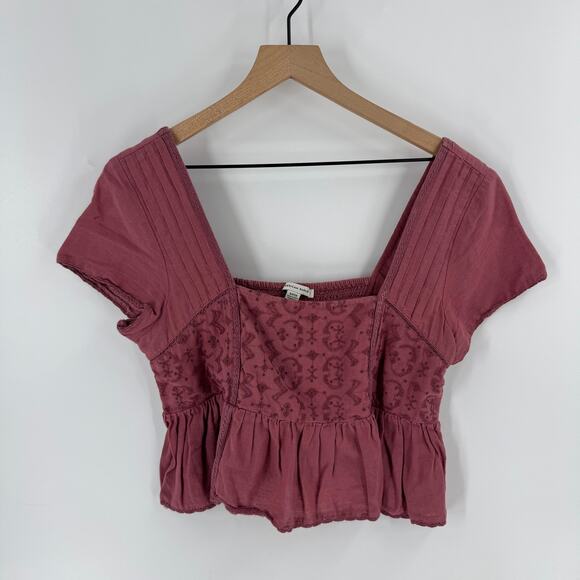 American Eagle Boho Square Neck Lace Detail Cropped Peplum Top Size Small - Picture 1 of 6